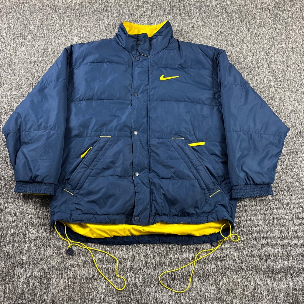 Vintage 90s Nike Puffer Jacket Navy Blue Yellow Swoosh Heavyweight Men Large